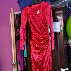 Vintage 80s Betsey Johnson Punk Large Red Bodycon Gown Ruched Wrap, Large